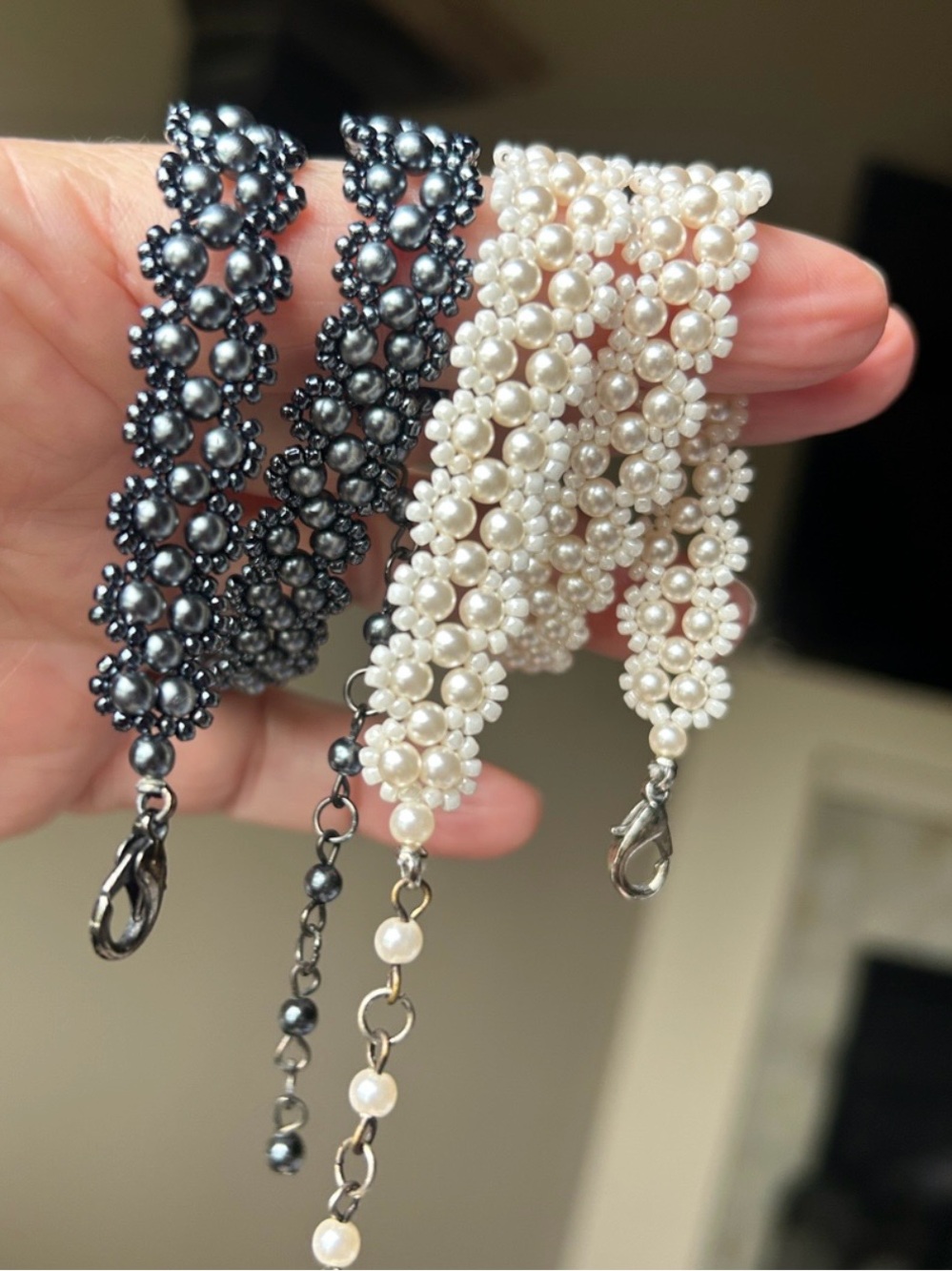Handcrafted Bead-Woven Daisy Chain Necklaces & 2 Meier & Frank Vintage Boxes.